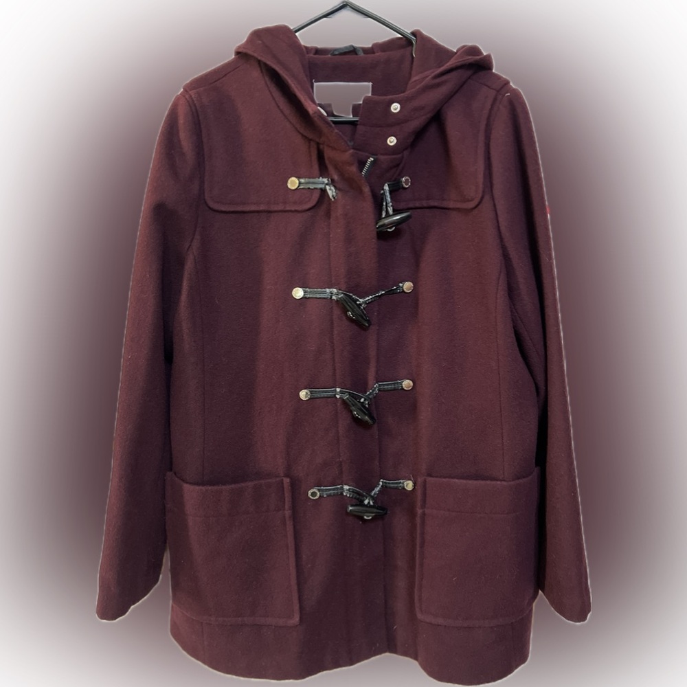 Liz Claiborne Wool Blend Coat Women’s XL Burgundy Hooded Toggle Duffle Style - Picture 2 of 6